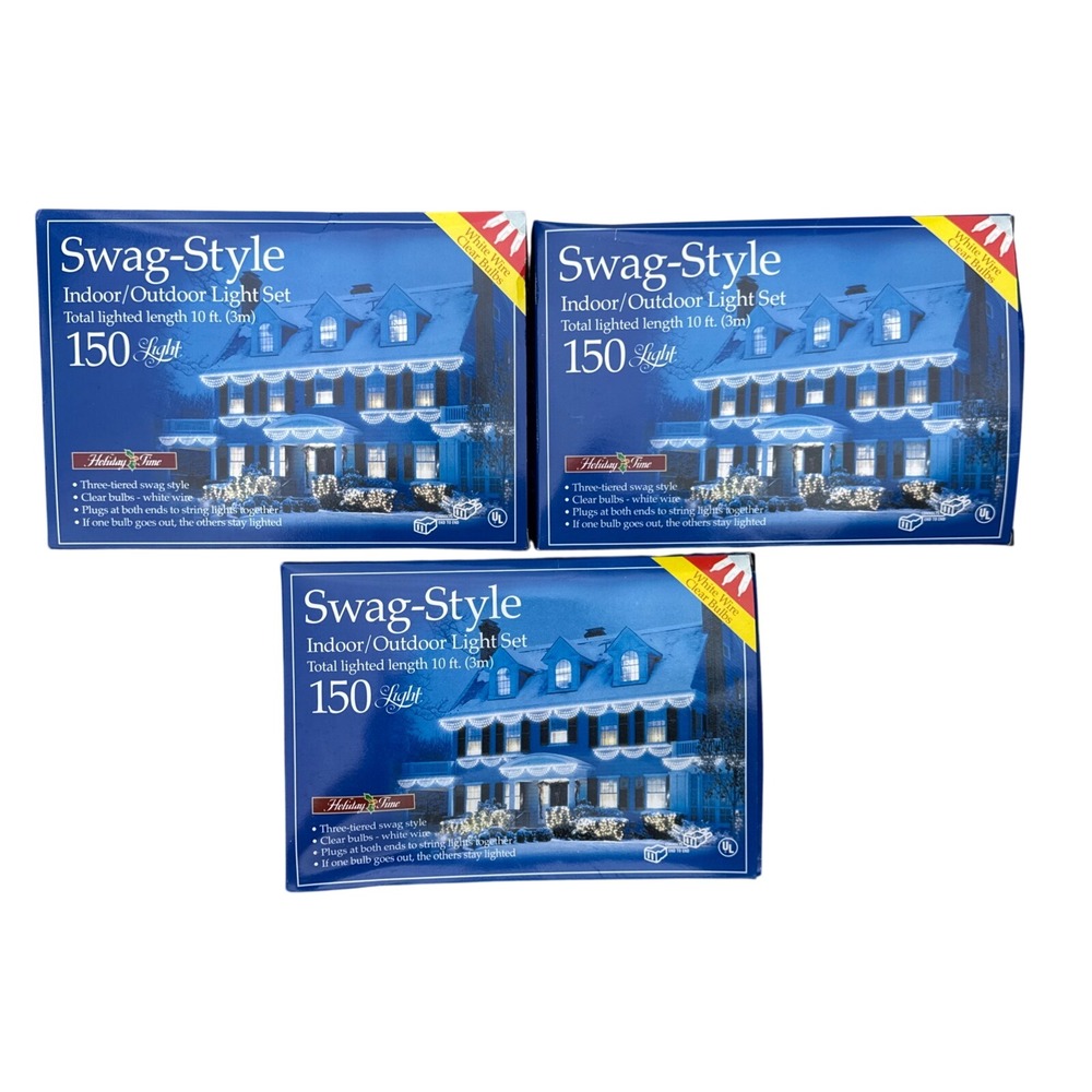 Holiday Time Swag-Style Light Set 10ft White Clear 150ct 3pk Vintage Christmas